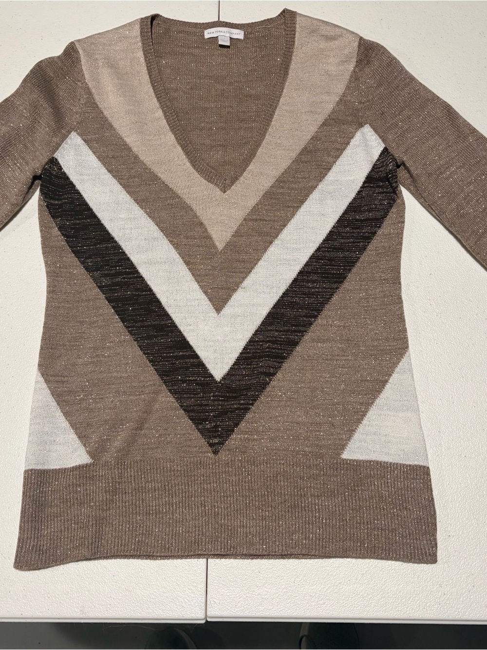 New York & Company Taupe V‑Neck Sweater with Cream and Dark Brown Chevron